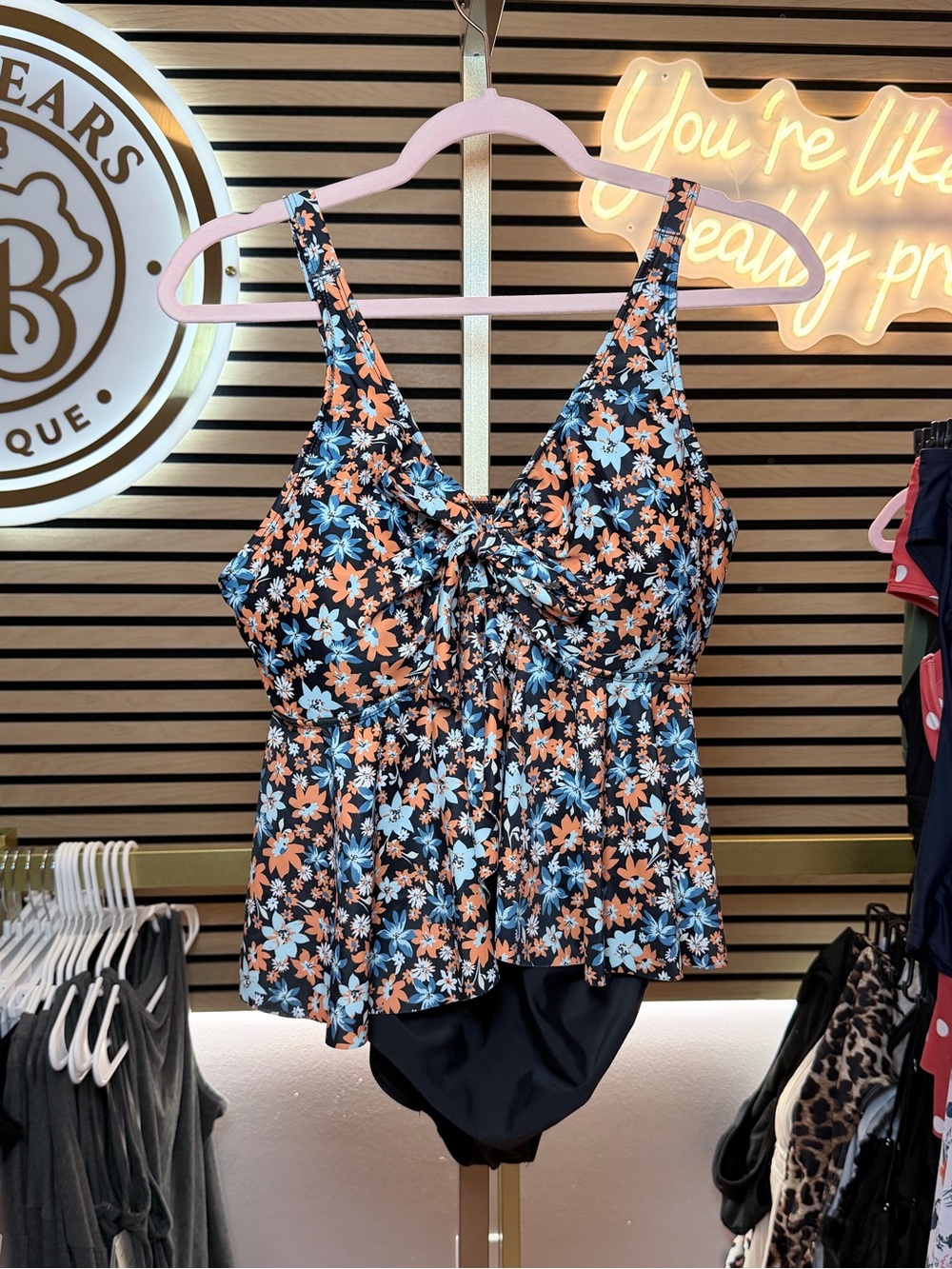 BloomChic Black Floral Tie-Front Swim Dress in Peach & Light Blue